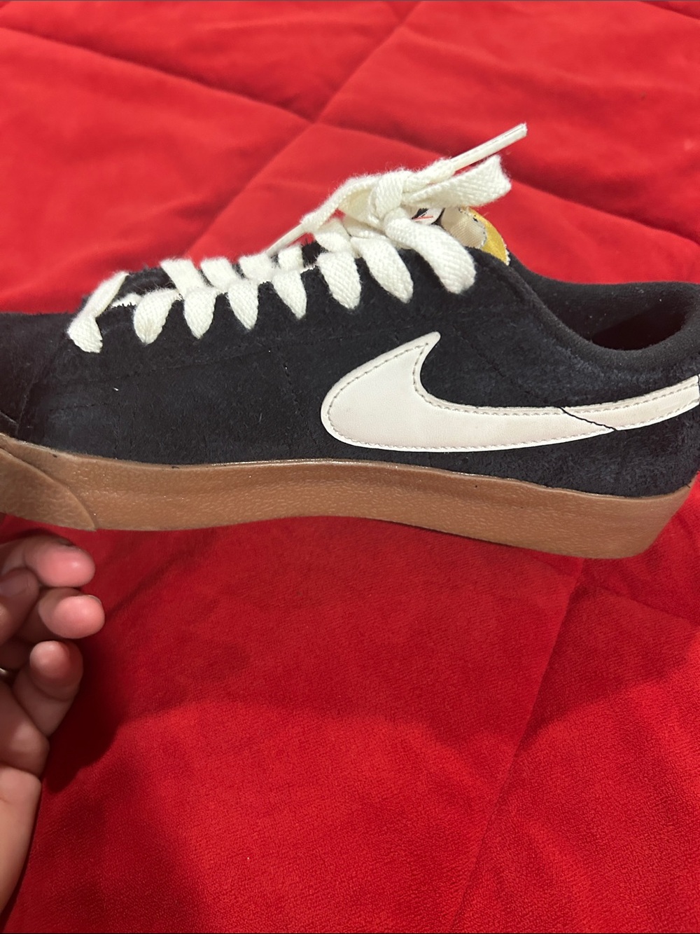 Nike Black Suede Low-Top Sneakers with White Swoosh and Gum Sole - Picture 8 of 8